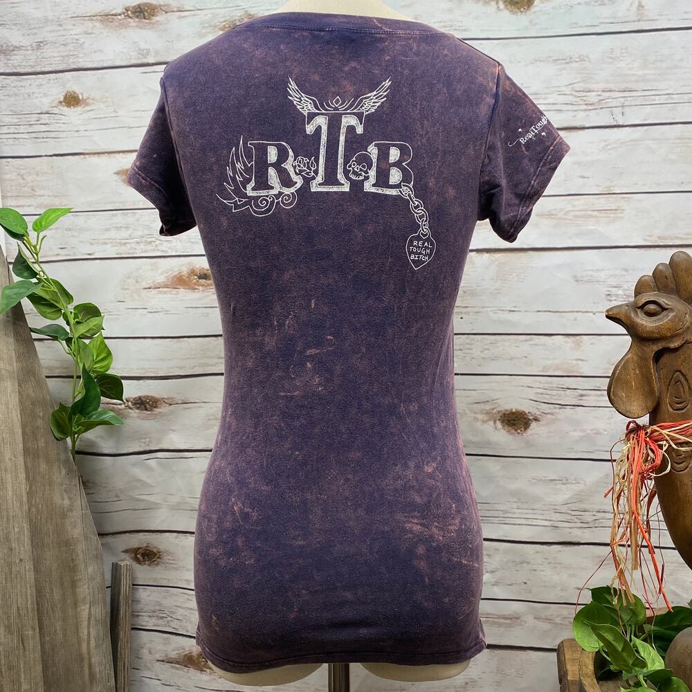 RTB Real Tough Babe Acid Wash Graphic Biker Babe Tee Shirt Woman's Size L #077